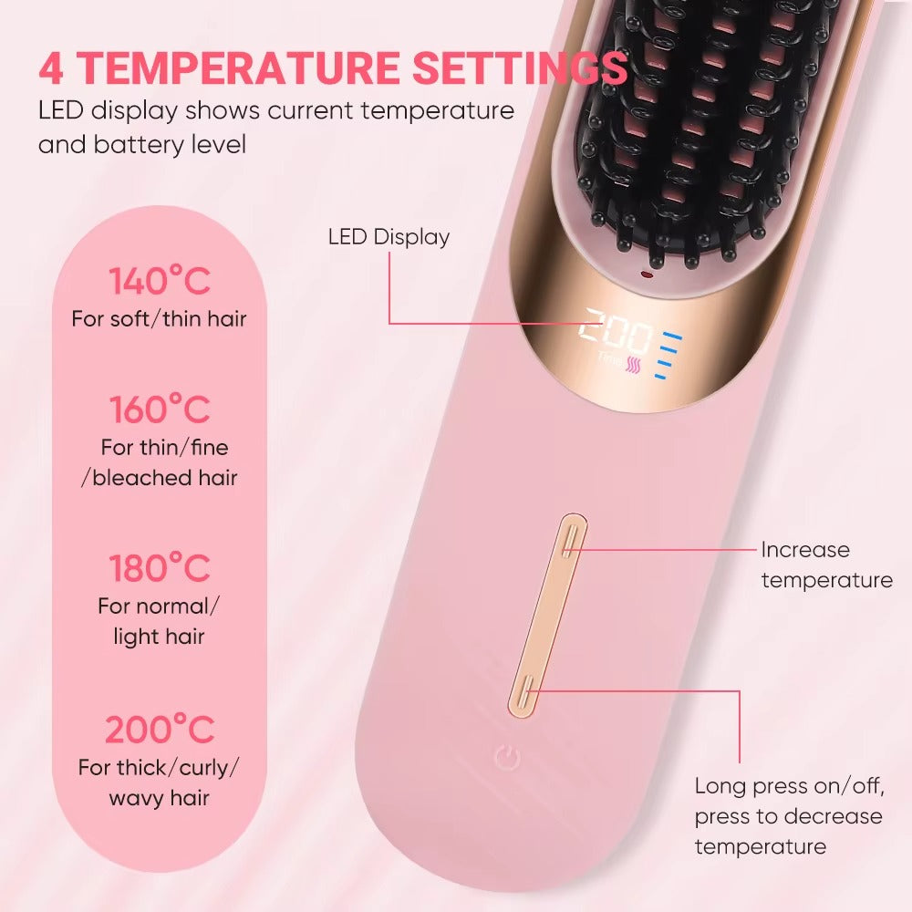 Portable Cordless Hot Comb Iron Straightener Brush for Men Negative Ion Technology for Long Hair Beards Battery for Car Use